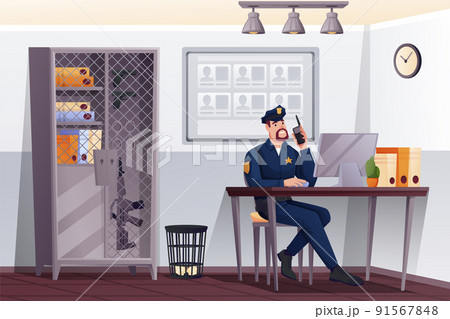 Policeman officer detective in uniform working on computer sitting at table. Crime investigation at police station department. Law enforcement worker at workplace. Profession, occupation. Vector. Policeman officer detective in uniform working on computer sitting at table. Crime investigation at police station department. Law enforcement worker at workplace. Profession, occupation. Vector. 91567848