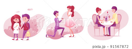 Romantic situations of cute couples set, marriage proposal and love date, stroll in park 91567872