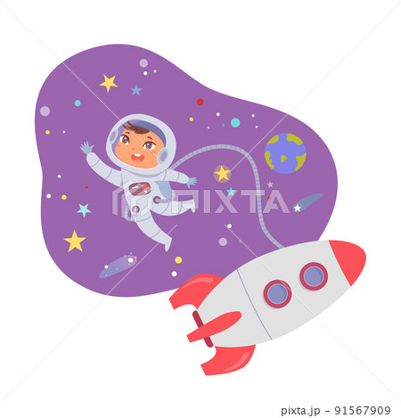 Kid astronaut flying in space near rocket among planets, stars and asteroids of galaxy vector illustration. Cartoon spaceman character traveling in universe, child studying astronomy 91567909