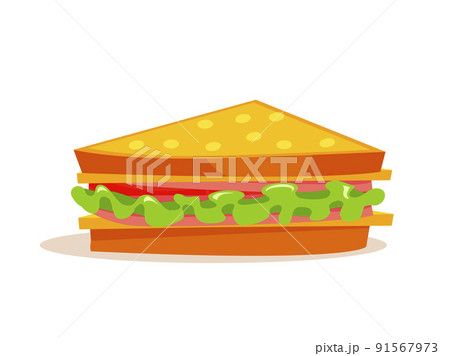 Sandwich with green lettuce leaves, sausages, tomato, cheese. Traditional ham and vegetable on toast. Fast food item isolated on white background. Vector breakfast meal. 91567973
