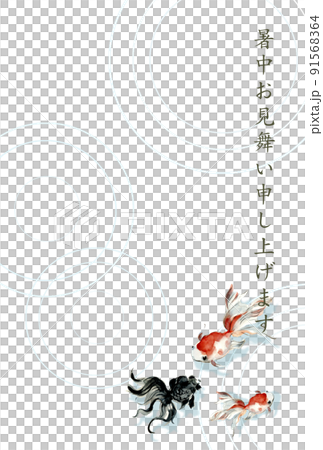 暑中見舞い葉書テンプレート 金魚と水輪 文字あり【手描き水彩画】コピースペースあり 透過背景 暑中見舞い葉書テンプレート 金魚と水輪 文字あり【手描き水彩画】コピースペースあり 透過背景 91568364