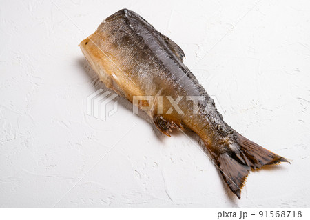 Fresh smoked salmon, on white stone table background, with copy space for text Fresh smoked salmon, on white stone table background, with copy space for text 91568718