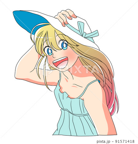 帽子を抑える夏服の女の子のイラスト 91571418