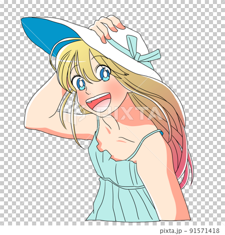 帽子を抑える夏服の女の子のイラスト 91571418