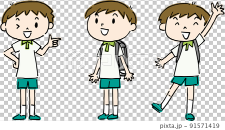 半袖の男の子　指差し・興味関心・おーい　のポーズ 91571419