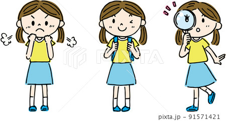 半袖の女の子　やる気・ランドセル・虫メガネ 91571421