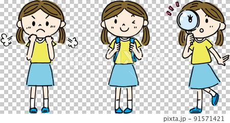 半袖の女の子　やる気・ランドセル・虫メガネ 91571421