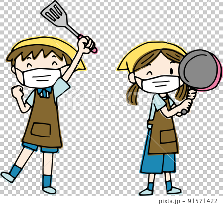 フライ返しとフライパンを持つ子ども2人マスクあり 91571422