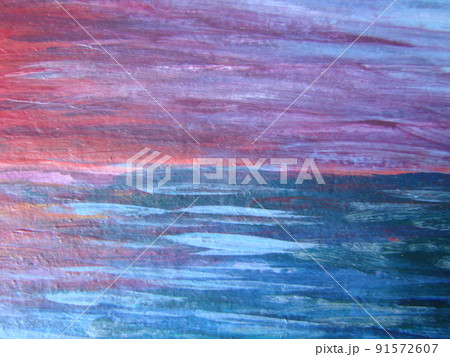 Close up detail of the brushwork in an abstract oil painting in blue, yellow, green and white showing the texture of the painting on canvas. 91572607