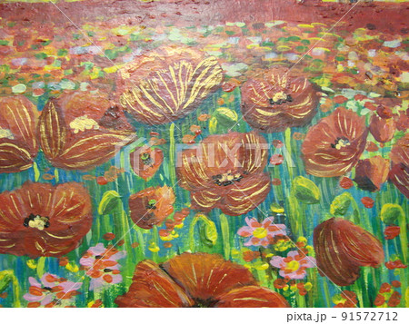 Red poppies on the field. Oil painting background. Art concept. Palette knife texture. Red poppies on the field. Oil painting background. Art concept. Palette knife texture. 91572712