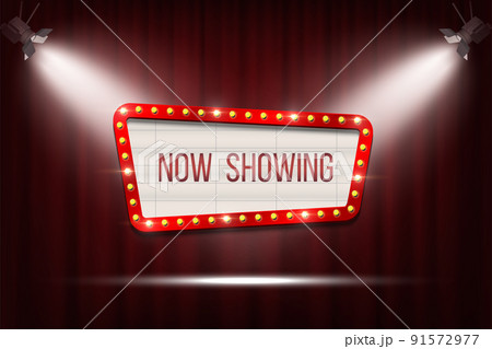 Vector retro cinema announcement board with bulb frame on red curtains background with spot lights. Vector retro cinema announcement board with bulb frame on red curtains background with spot lights. 91572977
