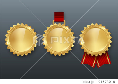 Award golden medals with different ribbons 3d realistic vector color illustration on gray background 91573010
