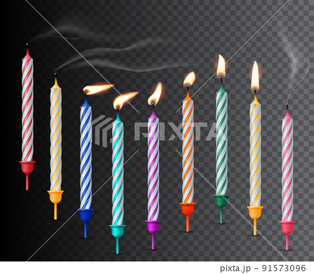 Birthday candles realistic vector illustration on dark transparent background 91573096