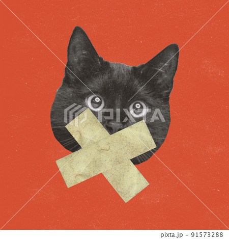 Contemporary art collage. Conceptual image with cat's muzzle and patched mouth. Forbidden to talk freely Contemporary art collage. Conceptual image with cat's muzzle and patched mouth. Forbidden to talk freely 91573288