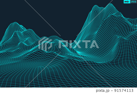 3D Wireframe Terrain Wide Angle EPS10 Vector 91574113