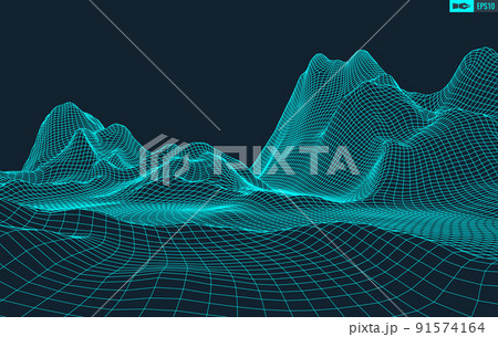 3D Wireframe Terrain Wide Angle EPS10 Vector 91574164