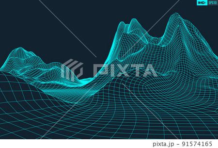 3D Wireframe Terrain Wide Angle EPS10 Vector 91574165