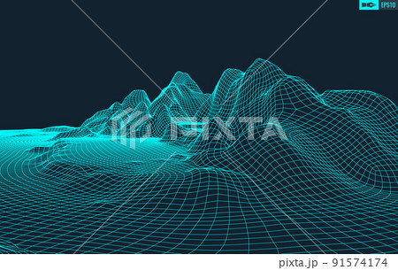 3D Wireframe Terrain Wide Angle EPS10 Vector 91574174
