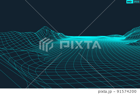 3D Wireframe Terrain Wide Angle EPS10 Vector 91574200