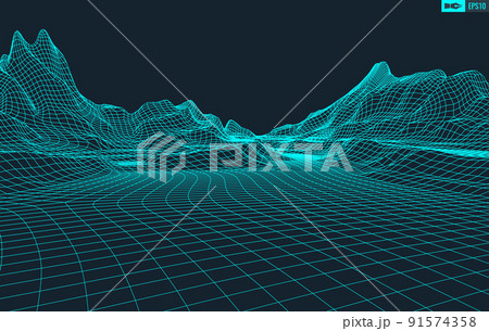 3D Wireframe Terrain Wide Angle EPS10 Vector 91574358