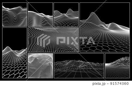 Wireframe landscape backgrounds set. EPS 10 Vector illustration. Terrain digital topography wireframe. Mountain data wireframe modelling map. 91574360