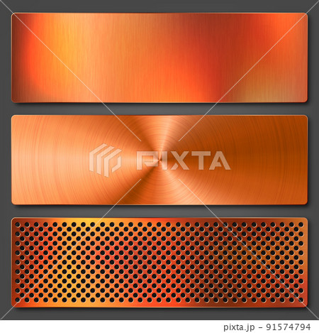 Realistic copper banners collection. Brushed stainless steel plate. Polished metal surface. Scratched industrial texture, metal background. Vector illustration. 91574794