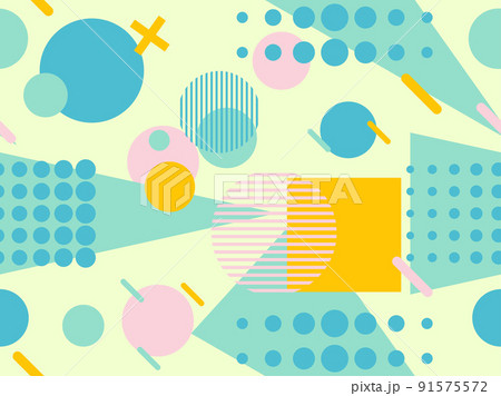 Geometric seamless pattern with memphis elements in 80s style. Colorful geometric pattern. Design of promotional products, wrapping paper and printing. Vector illustration 91575572