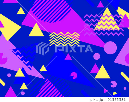 Geometric seamless pattern in 80s style. Background with colorful geometric shapes in memphis style. Design of promotional products, wrapping paper and printing. Vector illustration 91575581