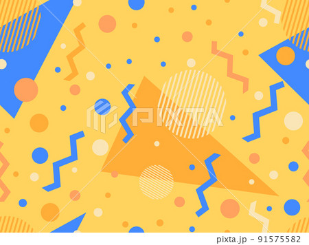 Geometric seamless pattern in 80s style. Background with colorful geometric shapes in memphis style. Design of promotional products, wrapping paper and printing. Vector illustration 91575582