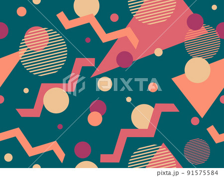 Geometric seamless pattern in 80s style. Background with colorful geometric shapes in memphis style. Design of promotional products, wrapping paper and printing. Vector illustration 91575584