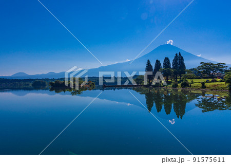 (静岡県)真夏の田貫湖湖畔キャンプ場 湖面に映る富士 (静岡県)真夏の田貫湖湖畔キャンプ場 湖面に映る富士 91575611
