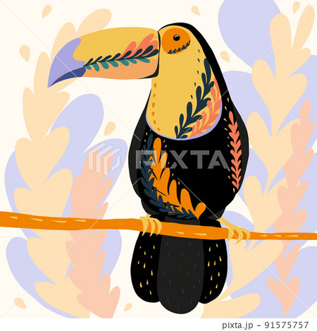 Vector illustration of fantastic colorful unusual bird in a vivid design. Tropical fauna style 91575757