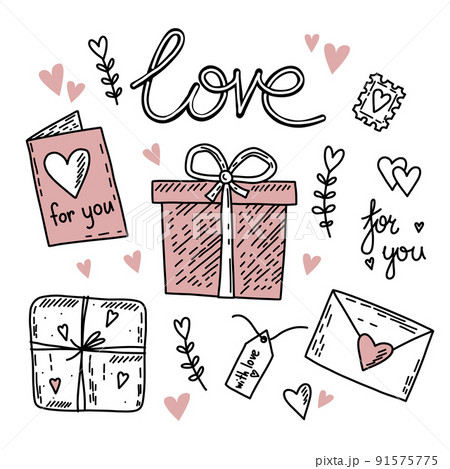 Set of vector hand drawn elements about love. Happy Valentine's Day background with pink Set of vector hand drawn elements about love. Happy Valentine's Day background with pink 91575775