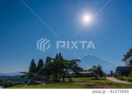 （静岡県）真夏の田貫湖畔キャンプ場から眺める富士山 91575840