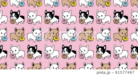 dog seamless pattern french bulldog donut eating food vector pet puppy breed cartoon scarf isolated tile background repeat wallpaper wrapping paper doodle illustration pink design 91577467