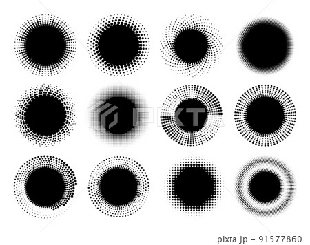 Black halftone frames set. Circle speed lines decorations, artistic business medical grunge logo. Dots bages, abstract circular racy vector elements 91577860