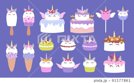Unicorn desserts, macaron and ice cream. Cake donuts with cute face, kawaii characters kids sweet dessert. Childish magic pony racy vector print 91577861