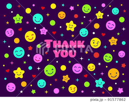 Thank you background. Thanks poster with minimal style face with smile. Trendy style stickers, creative support or thanksgiving banner. Retro tidy vector design 91577862