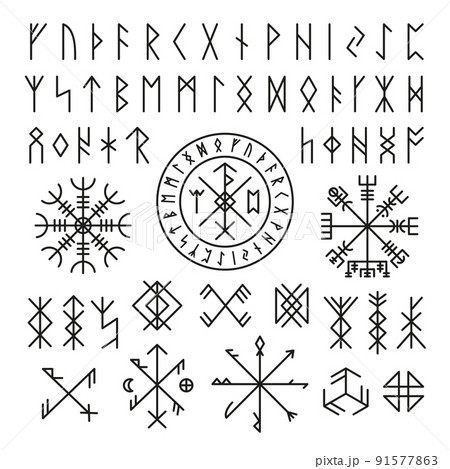 Futhark viking norse. Runic design icons, old mystery sign. Magic ancient symbols for game or tattoo. Nordic mythology, celtic tidy vector collection 91577863