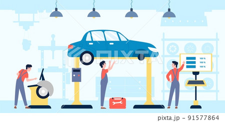 Car service. Automotive mechanic workshop, tuning auto in garage. Mechanics working, vehicle maintenance and repair and tire change recent vector scene 91577864