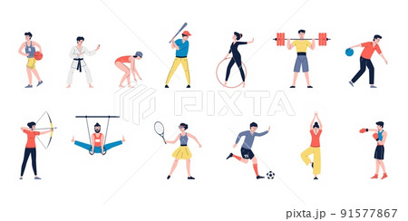 Sport people characters. Fun sports man and women, healthy athletics person. Sportsman training and doing exercise, recent athlete vector set 91577867
