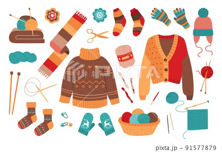 Winter knit clothes. Knitting socks, woolen cloth isolated set. Color sock mittens sweater, cute warm jumper. Wool jacket and crochet classy vector elements 91577879