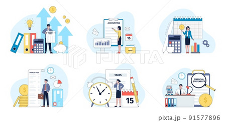 Accounting and tax. Taxes calculation, finances declaration. Business balance, businessman with receipt. Banking corporate recent vector scenes 91577896
