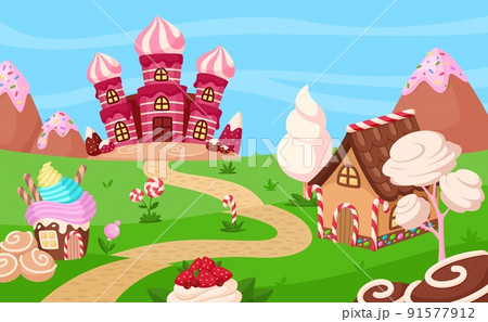 Sweet candy game location. Chocolate candies, biscuits home and dessert cartoon castle. Kids gaming background, fairy tale garish vector panorama 91577912