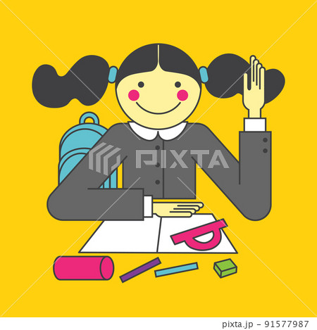 Smart little girl putting up her hand in class to answer a question. Flat vector illustration on yellow background. 91577987