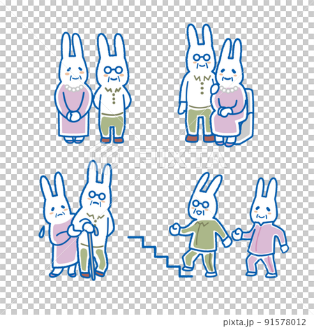 Elderly pose illustration set Rabbit 91578012