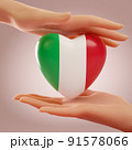 Two hands holding heart with flag of Italy. Concept of love, freedom, independence and country support. 3D rendering. 91578066
