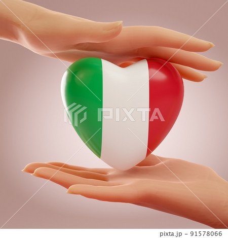Two hands holding heart with flag of Italy. Concept of love, freedom, independence and country support. 3D rendering. 91578066