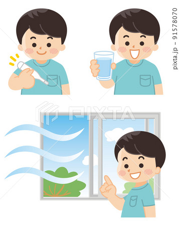 熱中症対策 体調管理 検温 水分補給 換気 熱中症対策 体調管理 検温 水分補給 換気 91578070
