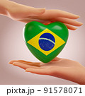 Two hands holding heart with flag of Brazil. Concept of love, freedom, independence and country support. 3D rendering. 91578071